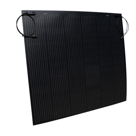 Roam Gear 250W 12V black ETFE flexible solar panel front angled view with positive and negative leads at the top.
