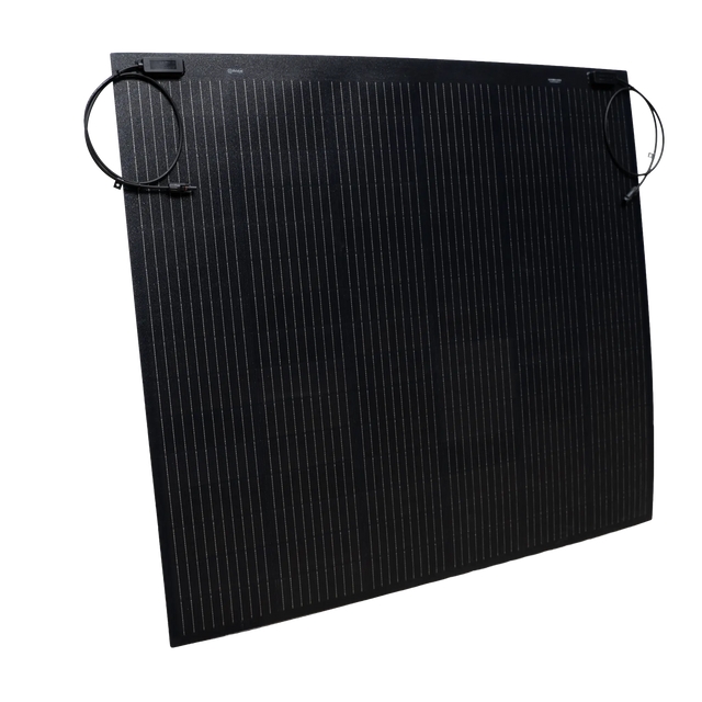 Roam Gear 250W 12V black ETFE flexible solar panel front angled view with positive and negative leads at the top.