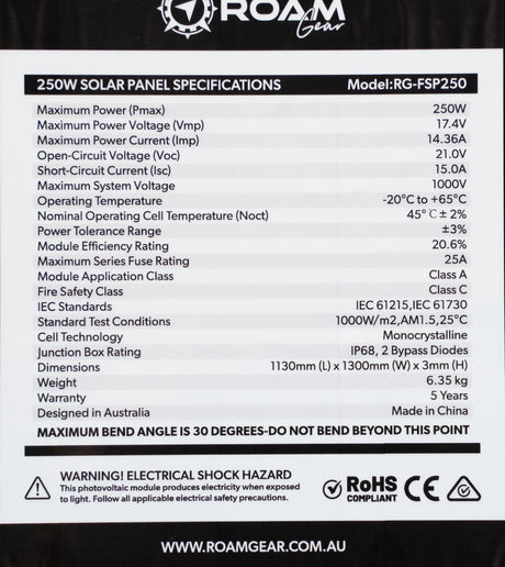 Roam Gear 250W 12V black ETFE flexible solar panel specifications label with electrical ratings, dimensions and weight.