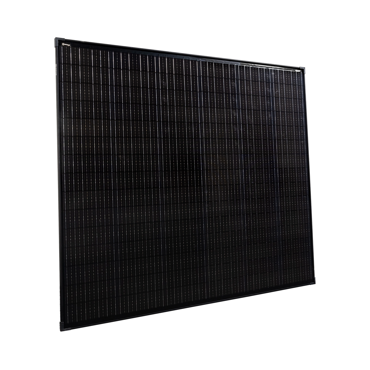 Roam Gear 250W 12V slimline black glass solar panel with 20mm frame in an angled front view.