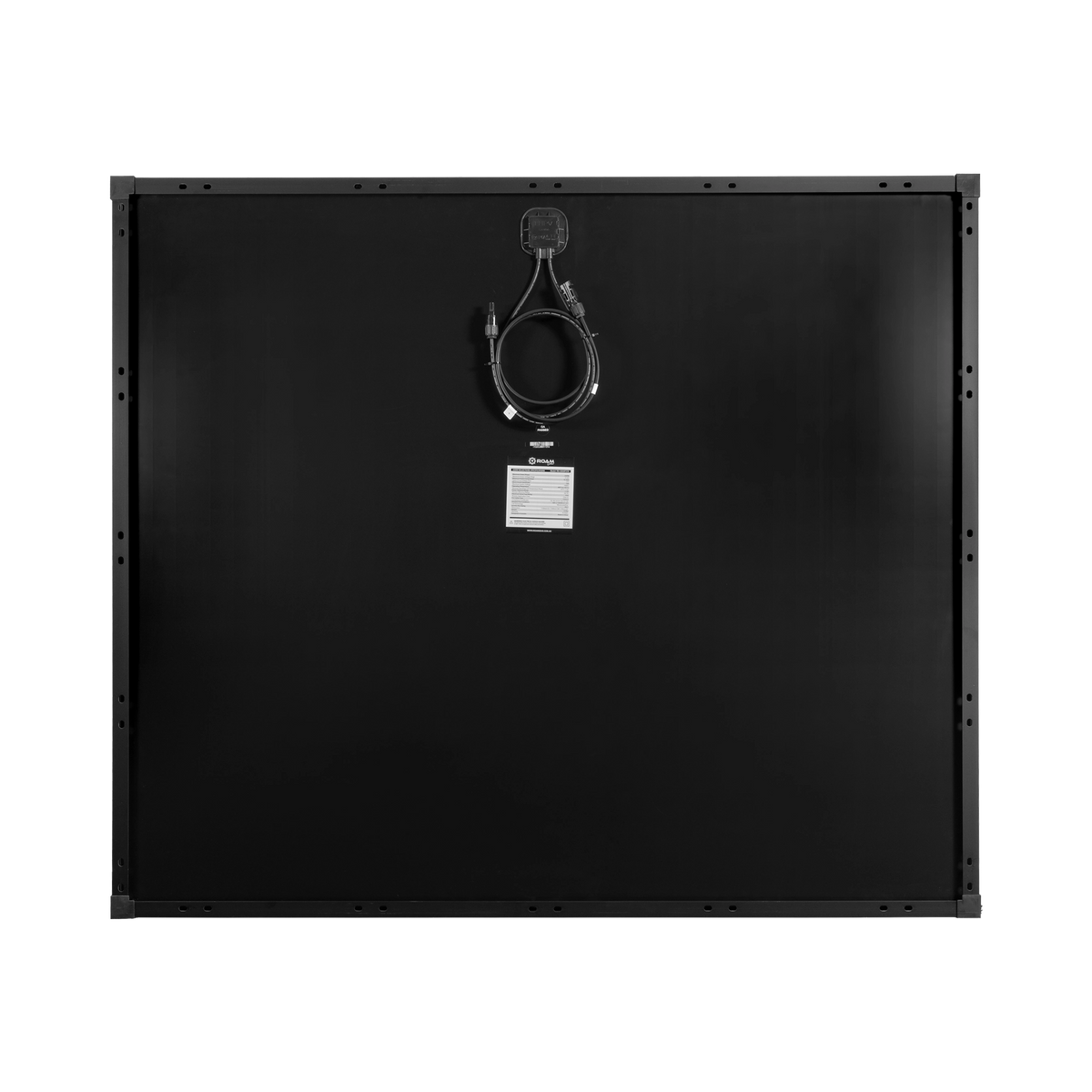Roam Gear 250W 12V slimline black glass solar panel rear view with junction box, cable and specifications label.