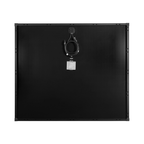 Roam Gear 250W 12V slimline black glass solar panel rear view with junction box, cable and specifications label.