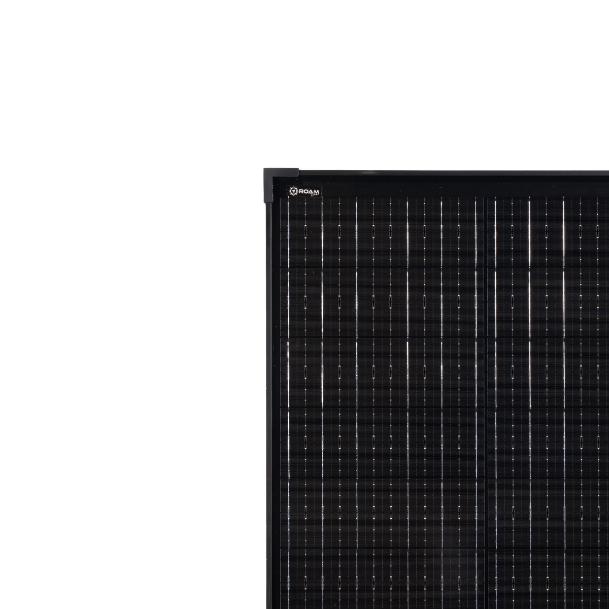 Roam Gear 250W 12V slimline black glass solar panel straight front view with black cells.