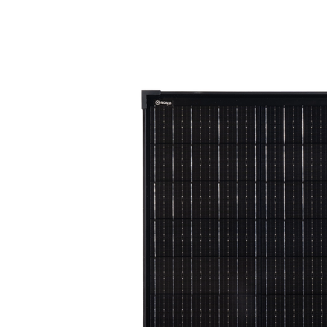 Roam Gear 250W 12V slimline black glass solar panel straight front view with black cells.