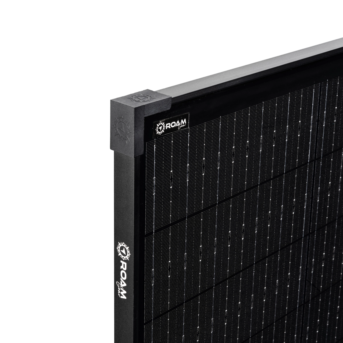 Roam Gear 250W 12V slimline black glass solar panel upper corner close up with logos on the frame.