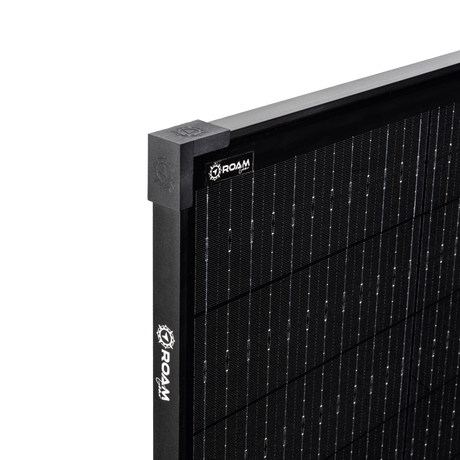 Roam Gear 250W 12V slimline black glass solar panel upper corner close up with logos on the frame.