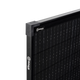 Roam Gear 250W 12V slimline black glass solar panel upper corner close up with logos on the frame.