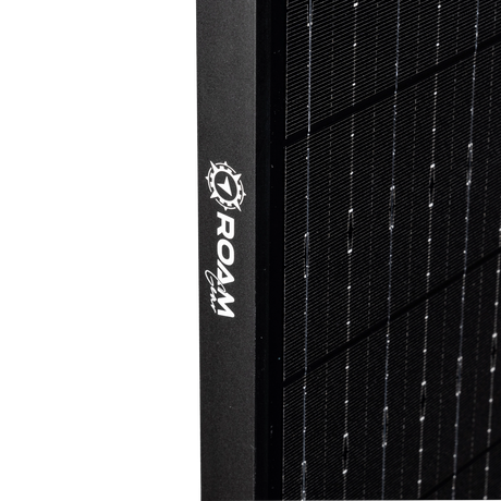 Roam Gear 250W 12V slimline black glass solar panel side frame close up with the Roam Gear logo.
