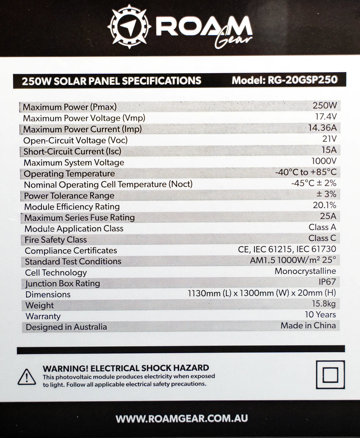Roam Gear 250W 12V slimline black glass solar panel specifications label with ratings, dimensions and weight.