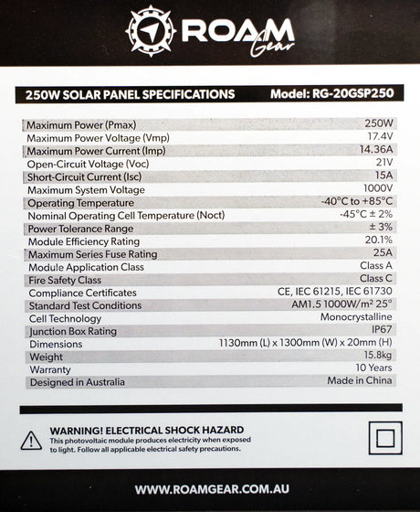 Roam Gear 250W 12V slimline black glass solar panel specifications label with ratings, dimensions and weight.