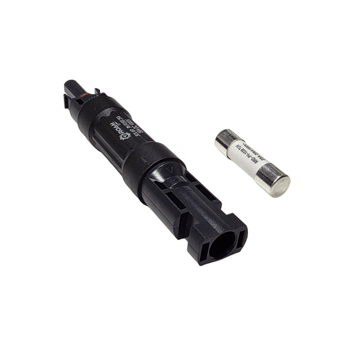 Roam Gear 25A MC4 inline fuse holder viewed from the left with a spare fuse.