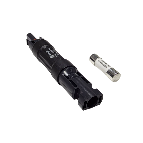 Roam Gear 25A MC4 inline fuse holder viewed from the left with a spare fuse.