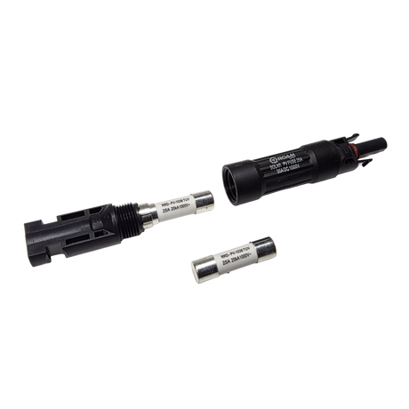 Roam Gear 25A MC4 inline fuse holder opened at an angle with the internal fuse exposed and a spare below.