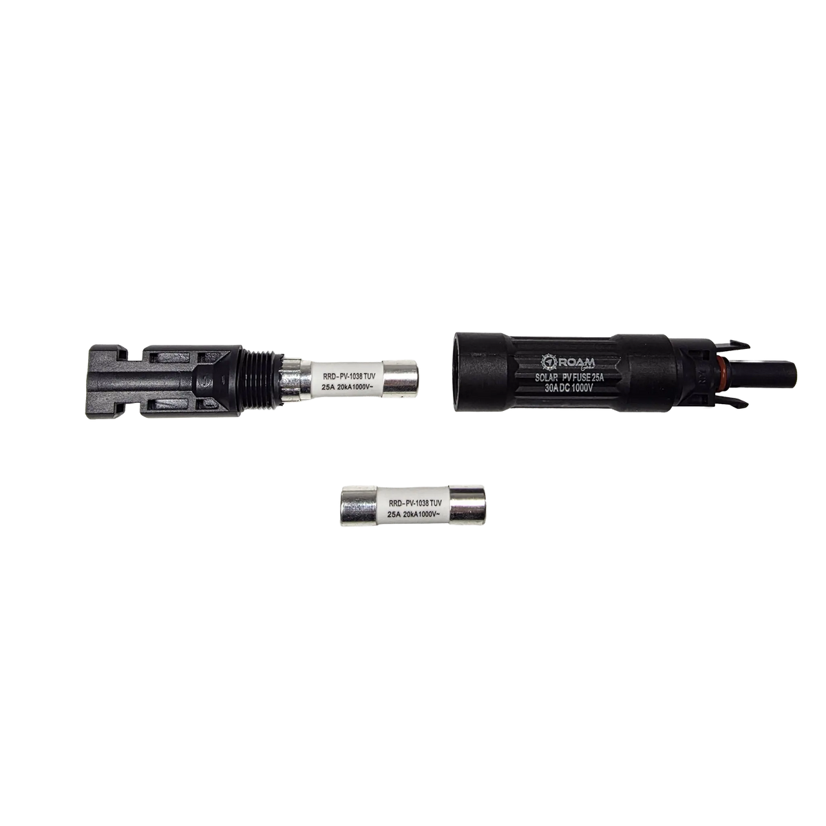 Roam Gear 25A MC4 inline fuse holder opened in a top view with the threaded connection and two fuses visible.
