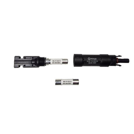 Roam Gear 25A MC4 inline fuse holder opened in a top view with the threaded connection and two fuses visible.