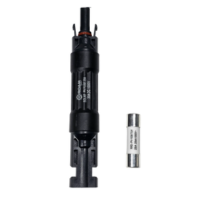 Roam Gear 25A MC4 inline fuse holder viewed from above with a spare fuse beside it.