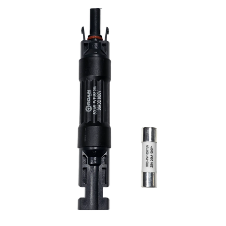 Roam Gear 25A MC4 inline fuse holder viewed from above with a spare fuse beside it.