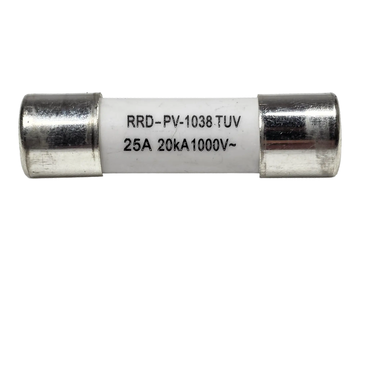 Roam Gear 25A MC4 inline replacement fuse front view with printed specifications on the white body.