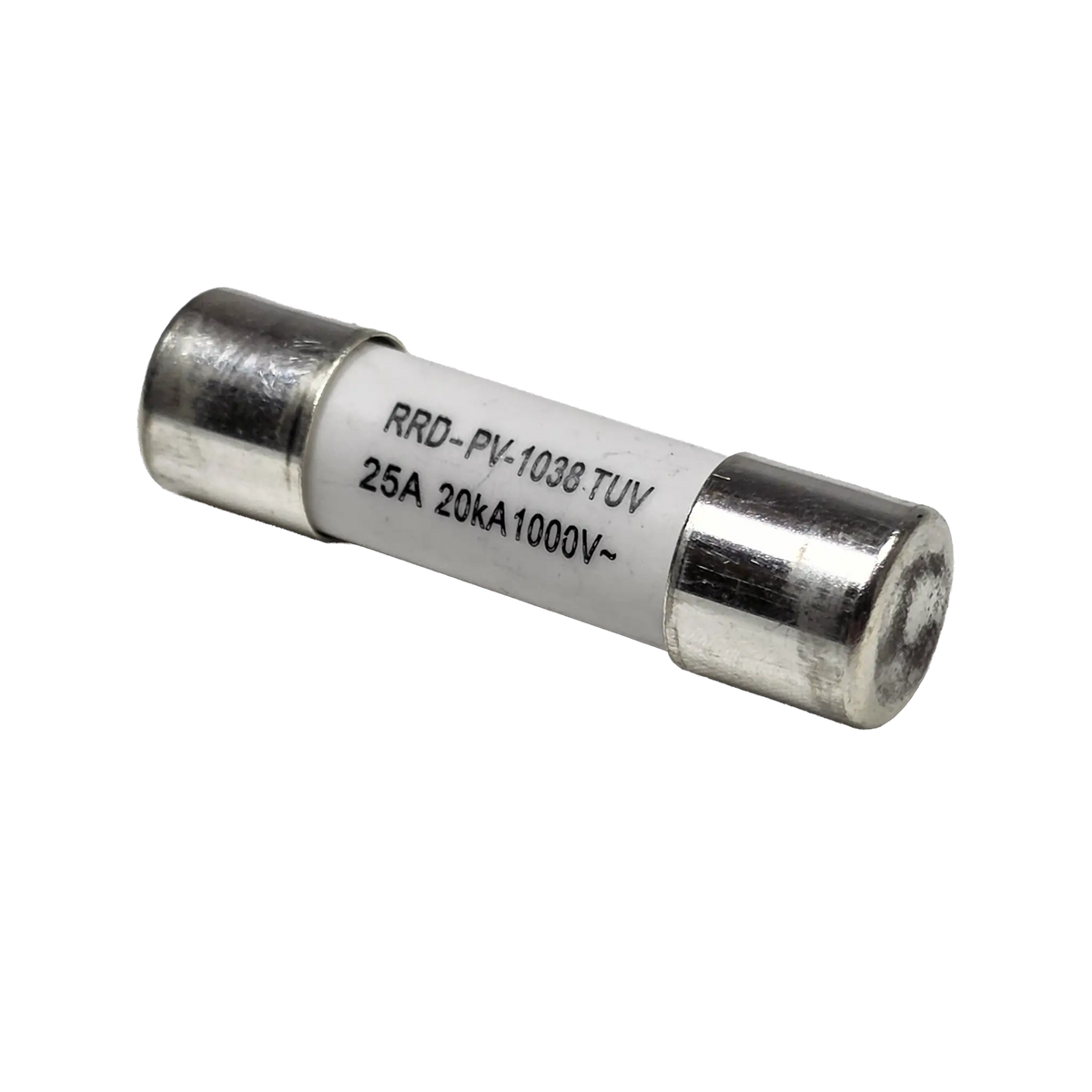 Roam Gear 25A MC4 inline replacement fuse angled view with the right metal end cap and white body.