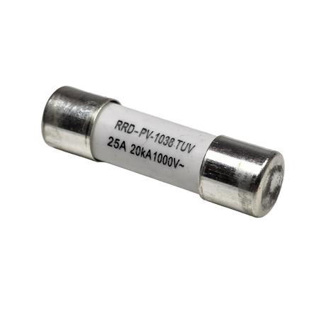 Roam Gear 25A MC4 inline replacement fuse angled view with the right metal end cap and white body.