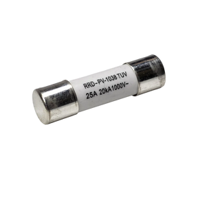 Roam Gear 25A MC4 inline replacement fuse angled view with the left metal end cap and printed rating.