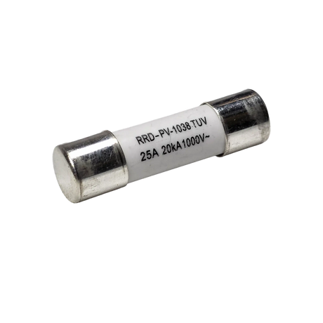 Roam Gear 25A MC4 inline replacement fuse angled view with the left metal end cap and printed rating.