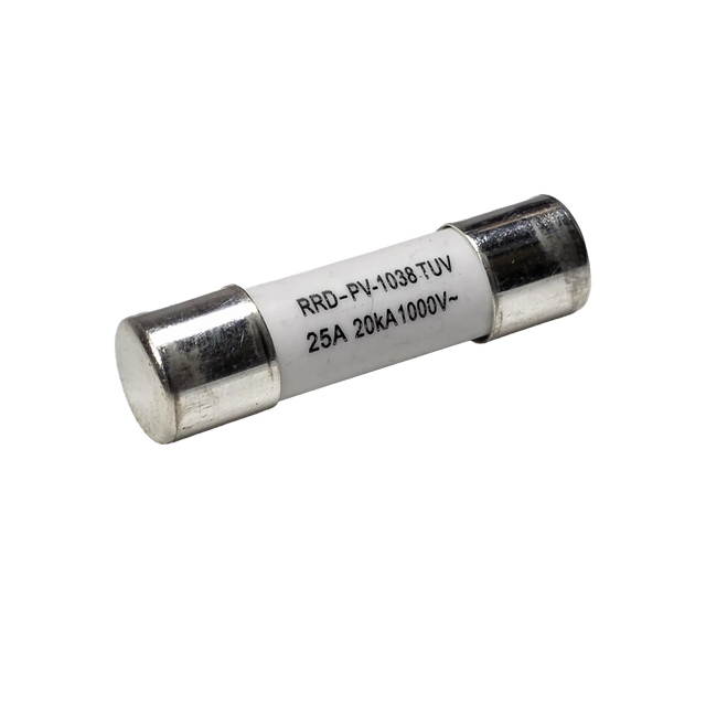 Roam Gear 25A MC4 inline replacement fuse angled view with the left metal end cap and printed rating.