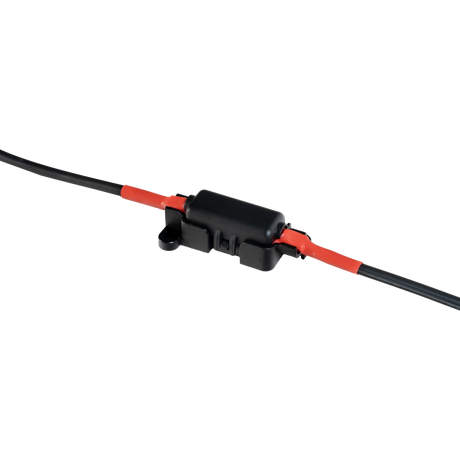 Roam Gear 2m fused lead with a close up of the Midi fuse holder connected between the positive cable ends.