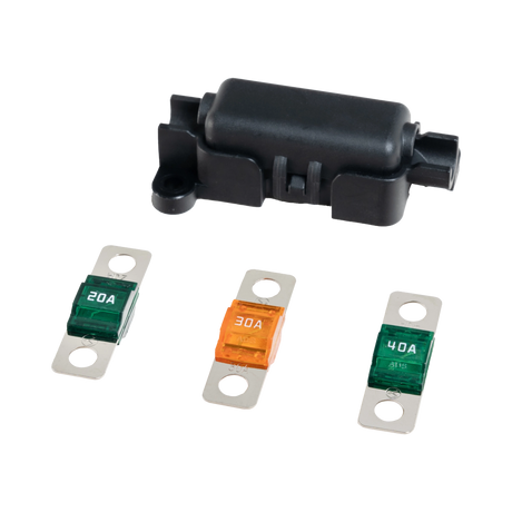 Roam Gear 2m fused lead Midi fuse holder beside 20A, 30A and 40A fuses.