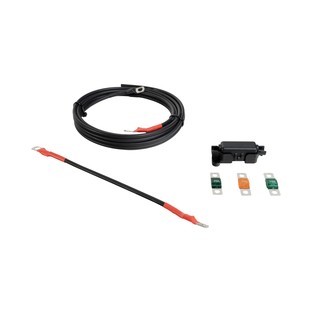 Roam Gear 2m fused lead kit with Midi fuse holder and 20A, 30A and 40A fuses in an angled layout.