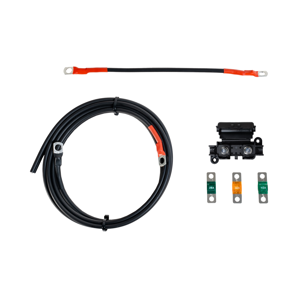 Roam Gear 2m fused lead kit from above with coiled cable, Midi fuse holder and three fuses.
