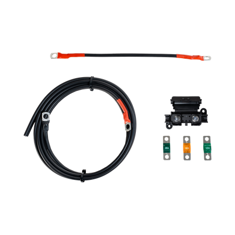 Roam Gear 2m fused lead kit from above with coiled cable, Midi fuse holder and three fuses.