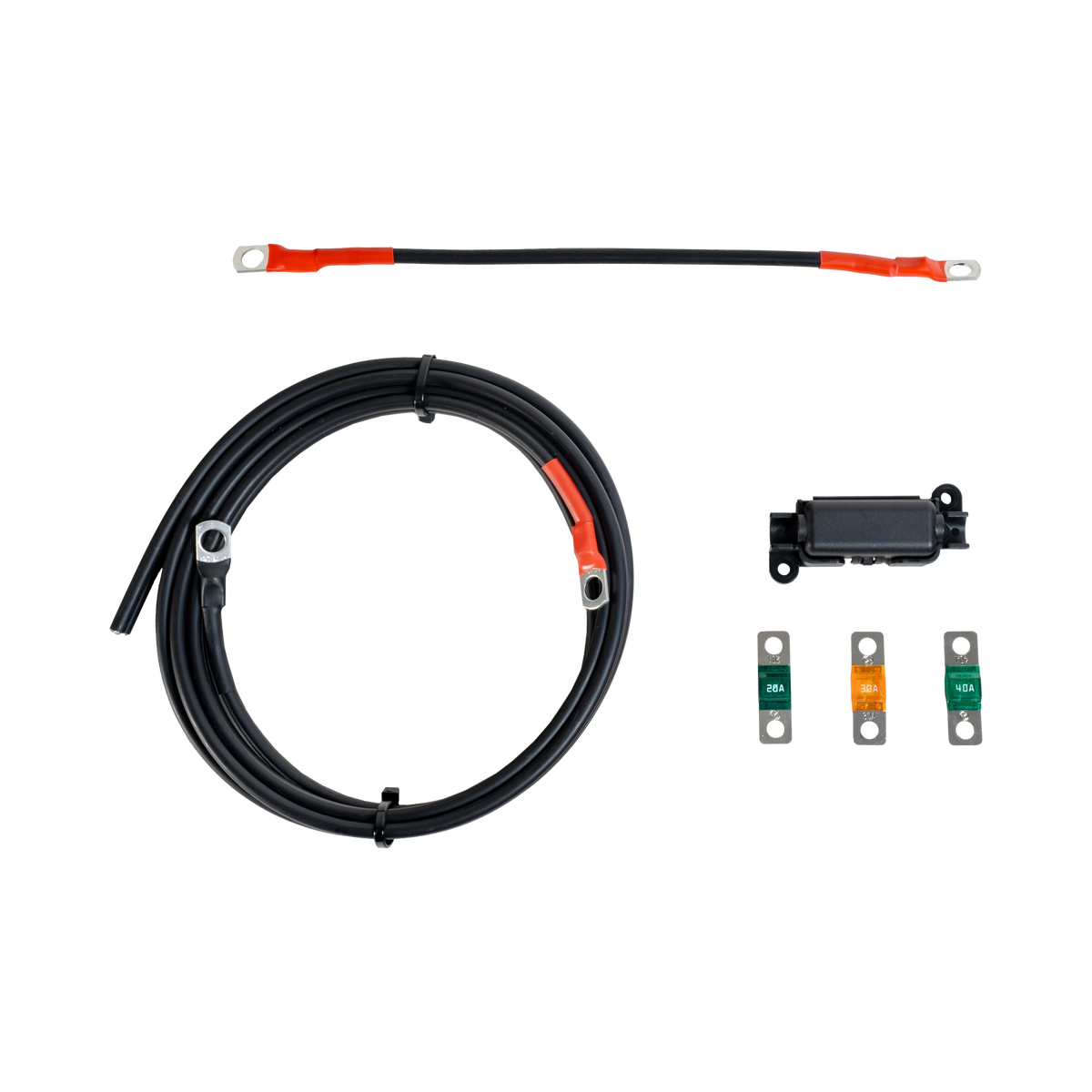 Roam Gear 2m fused lead kit components arranged in rows with a Midi fuse holder and three fuses.