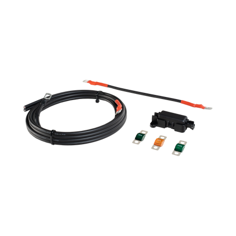 Roam Gear 2m fused lead kit with coiled cable, Midi fuse holder and three fuses in a side layout.