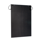 Roam Gear 300W 12V black ETFE flexible solar panel front angled view with positive and negative leads at the top.