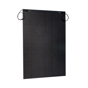 Roam Gear 300W 12V black ETFE flexible solar panel front angled view with positive and negative leads at the top.