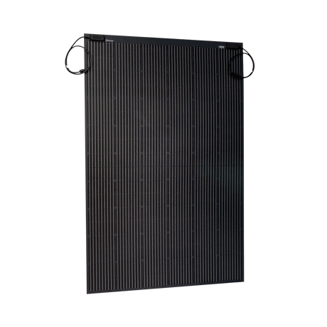 Roam Gear 300W 12V black ETFE flexible solar panel front angled view with positive and negative leads at the top.