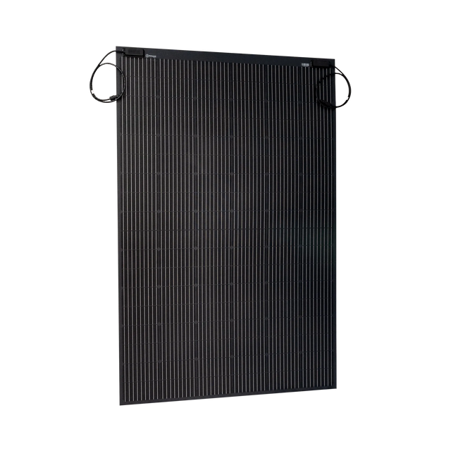 Roam Gear 300W 12V black ETFE flexible solar panel front angled view with positive and negative leads at the top.