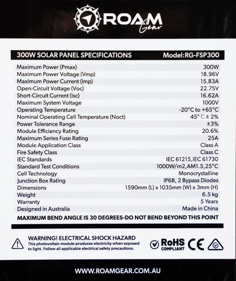Roam Gear 300W 12V black ETFE flexible solar panel specifications label with electrical ratings, dimensions and weight.