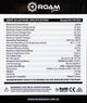 Roam Gear 300W 12V black ETFE flexible solar panel specifications label with electrical ratings, dimensions and weight.
