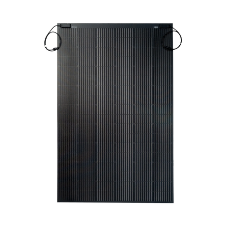 Roam Gear 300W 12V black ETFE flexible solar panel straight front view showing the cell grid and top junction boxes.