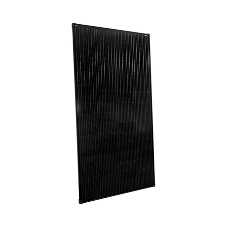 Roam Gear 300W 12V black glass solar panel with 30mm frame in an angled front view.