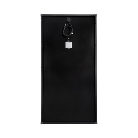 Roam Gear 300W 12V black glass solar panel rear view with junction box, cable and specification label visible.