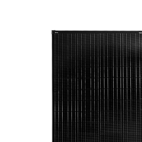 Roam Gear 300W 12V black glass solar panel front close up of the solar cells and 30mm frame.