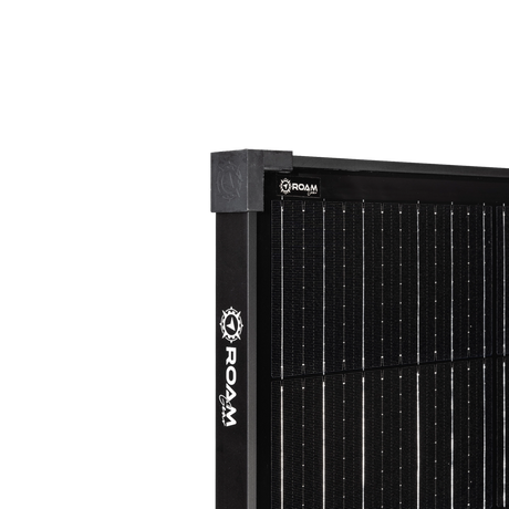 Roam Gear 300W 12V black glass solar panel front corner close up with logo on the black frame.