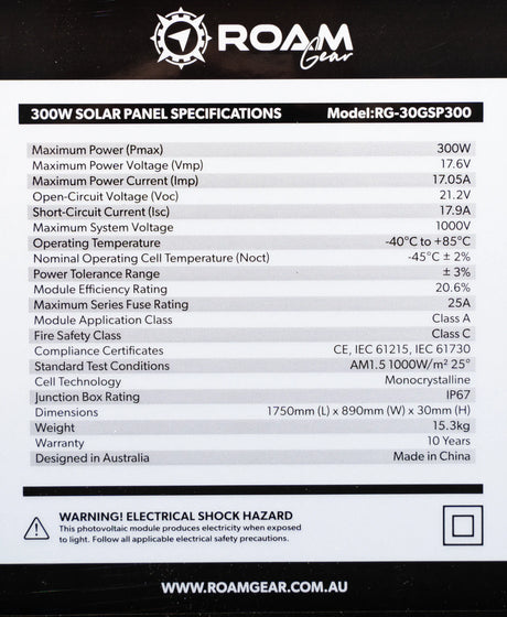 Roam Gear 300W 12V black glass solar panel specification label listing specifications, dimensions and weight.