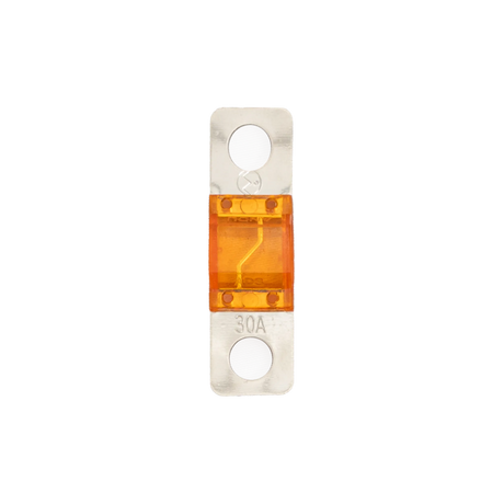 Roam Gear 30A Midi fuse straight top view showing the 30A marking and two circular mounting holes.