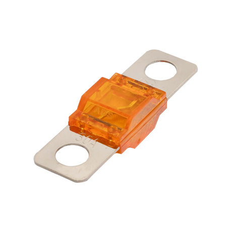 Roam Gear 30A Midi fuse angled view with transparent orange housing and two silver mounting tabs.