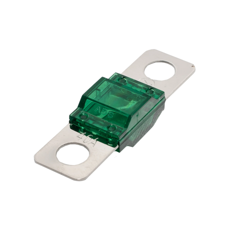 Roam Gear 40A Midi fuse angled view with transparent green housing and two silver mounting tabs.