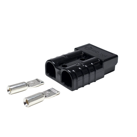 Roam Gear black 50A Anderson plug rear right view with two loose contacts beside the cable entry openings.